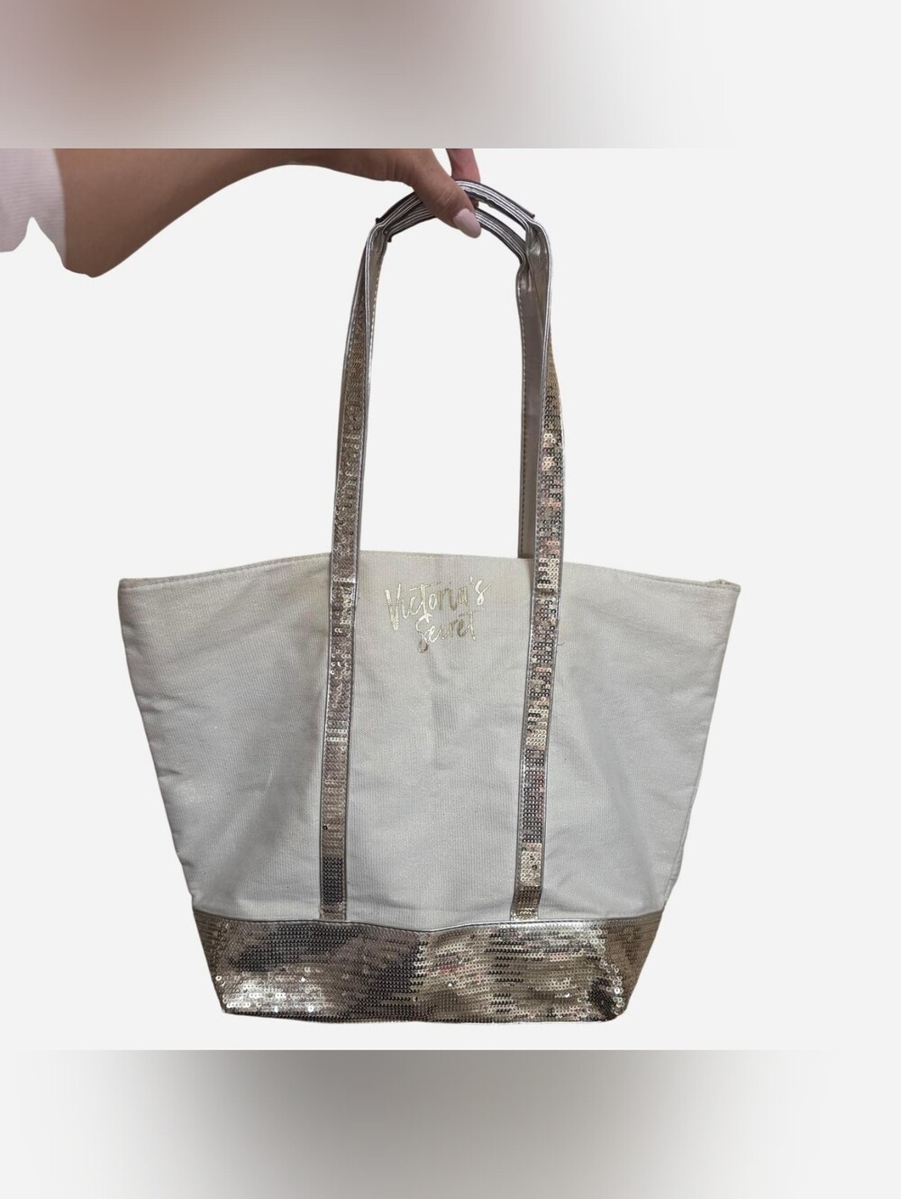 Victoria's Secret White Canvas Tote with  Metalic Trim